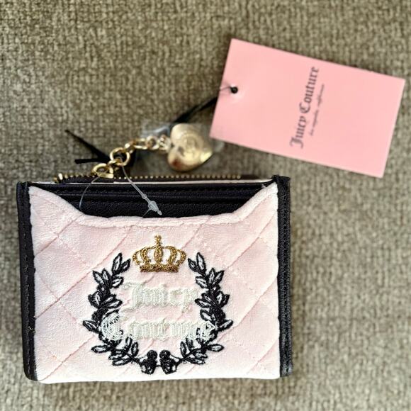 JUICY COUTURE 2pc Pink Velour Bifold Wallet Chocolate Faux LTR Credit Card Case - Picture 3 of 11